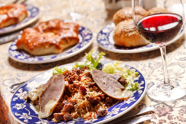 Uzbek national dish - plov with horse meat