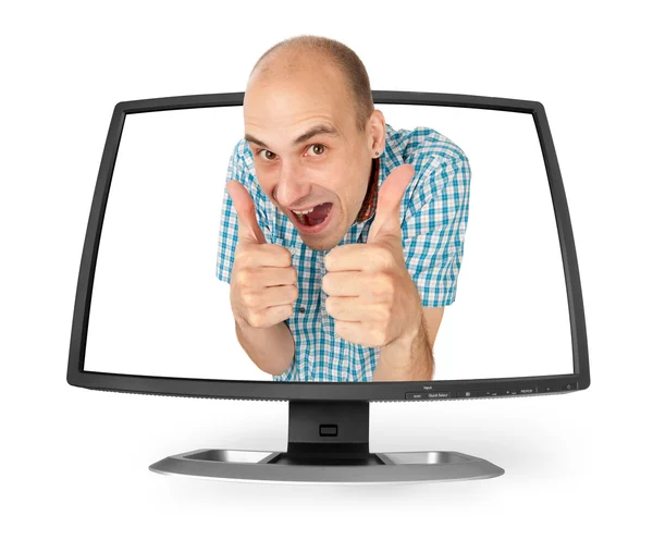 Hombre haciendo pulgares hacia arriba signo a través de una pantalla de monitor — Foto de Stock