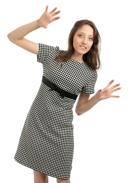 Молодая белая женщина с поднятыми руками — стоковое фото