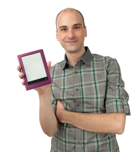 Счастливый молодой человек с электронной книгой — стоковое фото
