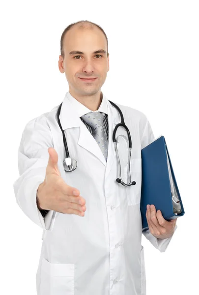 Веселый доктор, дающий руку для рукопожатия — стоковое фото