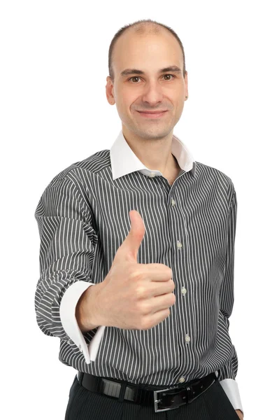 Szczęśliwy biznesmen pokazano jego kciuk z uśmiechem — Zdjęcie stockowe