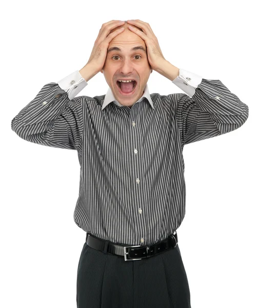 Empresário surpreso gritando enquanto mantinha as mãos na cabeça — Fotografia de Stock