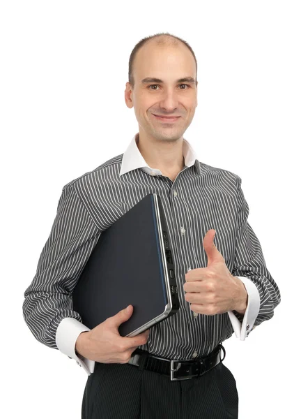 人拿一台笔记本电脑和显示他的大拇指 — 图库照片