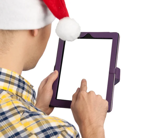 Man houdt een tablet pc met leeg wit scherm — Stockfoto