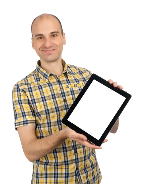 小伙子手持触摸垫 tablet pc 上孤立的白色表现力 — 图库照片
