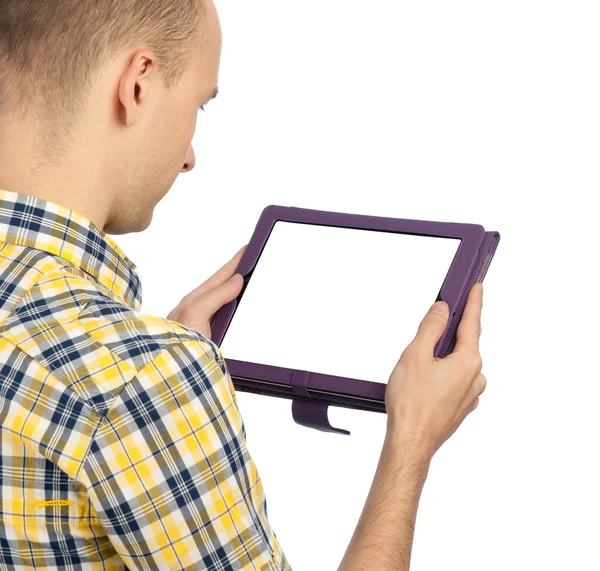 Άνθρωπος που κρατά ένα κενό touchpad pc — Φωτογραφία Αρχείου