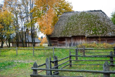 Wooden houses in colored trees taken in park in autumn in Pirogo clipart