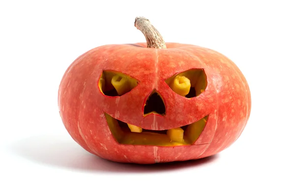 Kürbis mit Halloween-Phrasen auf weißem Hintergrund — Stockfoto