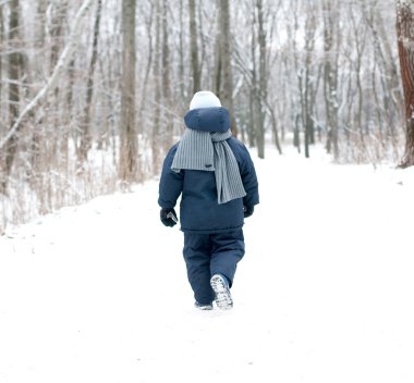 Little boy walking away in a winter park