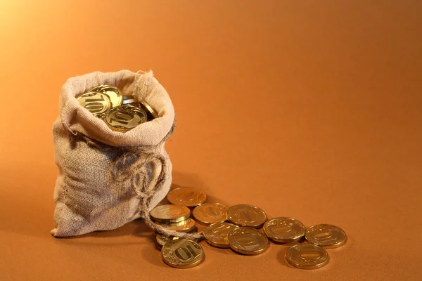 お金と黄麻布の袋 — ストック写真