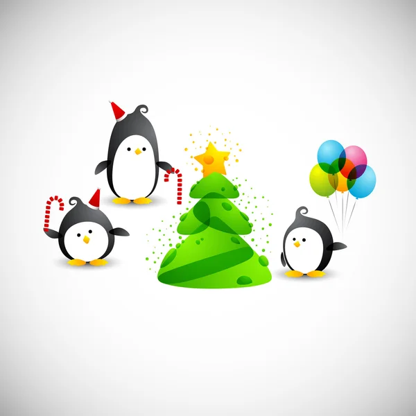 Feliz Navidad, divertidos pingüinos cerca del árbol de Navidad con estrella — Archivo Imágenes Vectoriales