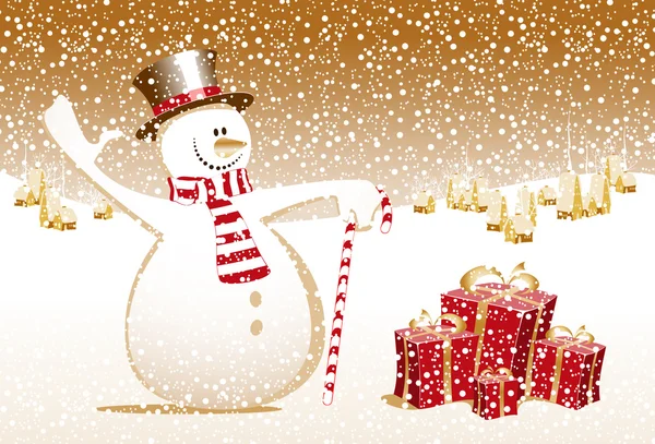 Feliz Navidad muñeco de nieve Navidad feliz año nuevo tarjeta celebración regalo ciudad — Vector de stock