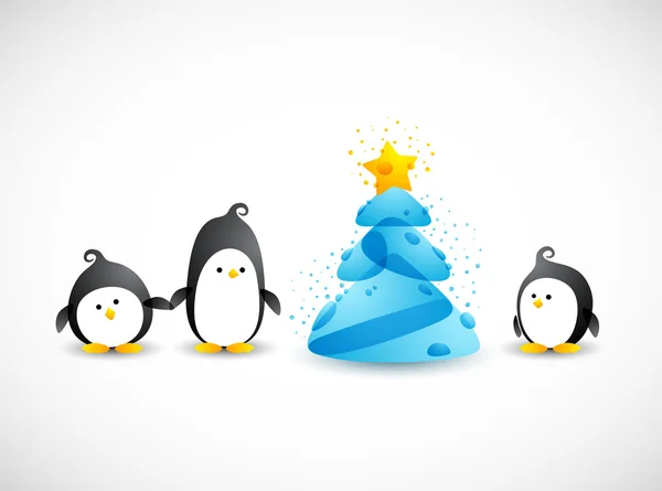 Merry christmas, funny penguins near the christmas tree with star — Stock Vector