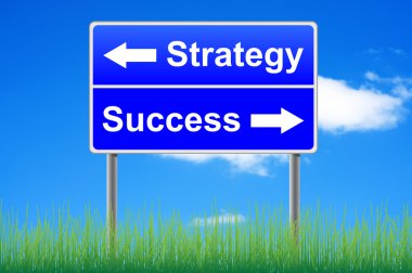 Strategy success roadsign on sky background, grass underneath. clipart