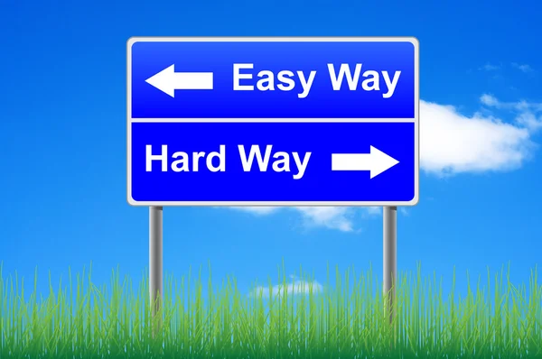 Easy way, hard way roadsign with arrows. Grass underneath. — Stock Photo, Image