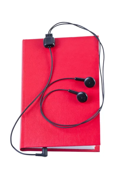 Audio libro con auriculares aislados sobre fondo blanco . — Foto de Stock