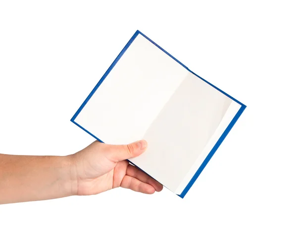 Livro aberto na mão isolado no fundo branco . — Fotografia de Stock