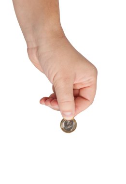 Hand with coins isolated on white background. clipart