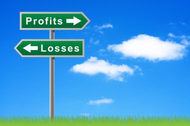 Arrows road sign profits losses on sky background. clipart