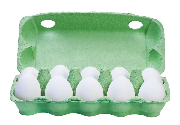 Kuřecí vejce v papírové krabici izolované na bílém pozadí. — Stock fotografie