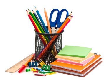 Stationery set on white background.