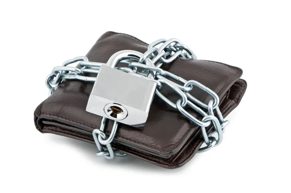 Billetera en cadenas candado cerrado sobre fondo blanco . —  Fotos de Stock