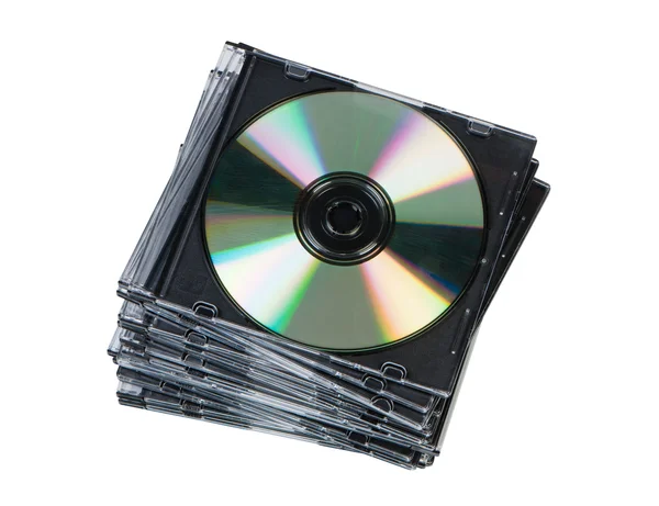 흰색 배경 평면도에 고립 된 상자에 cd 디스크 스택. — 스톡 사진