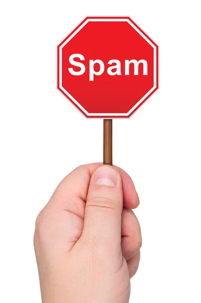 Señal de tráfico de spam en mano aislada sobre fondo blanco . — Foto de Stock