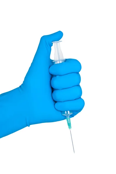 Hand in rubber glove holds syringe isolated on white background. — Stock Photo, Image
