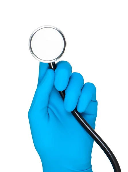 Hand in rubber glove holds stethoscope isolated. — Stockfoto