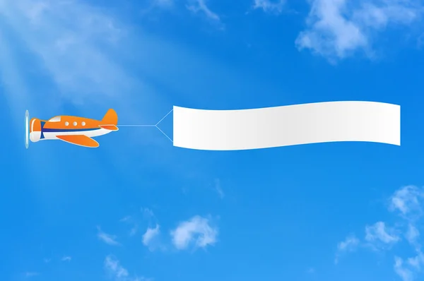 stock image Flying aircraft carries banner in sky.