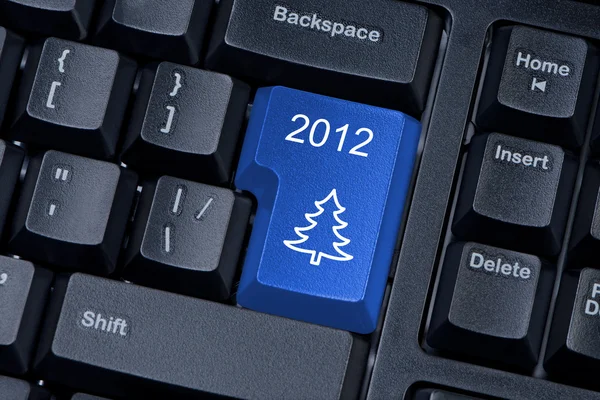 Christmas tree blue button computer keyboard internet concept. — Stock Photo, Image