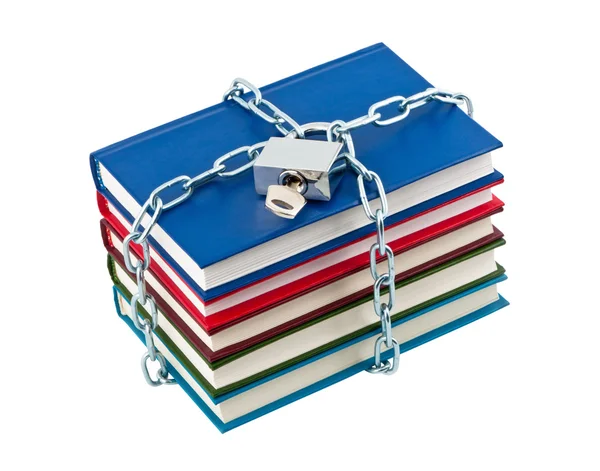 Books in chains closed padlock isolated on white background. — Stockfoto