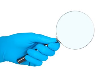 Hand in rubber glove holding magnifier. clipart