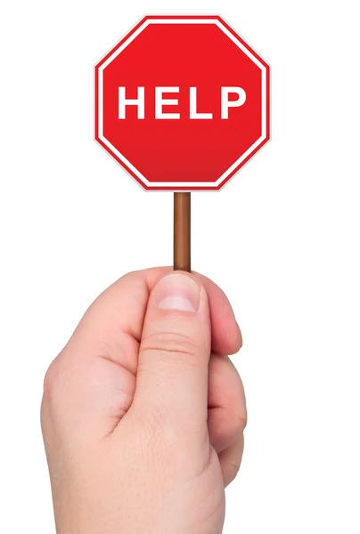 Varovný signál s aplikací word pomoci drží v ruce. — Stock fotografie