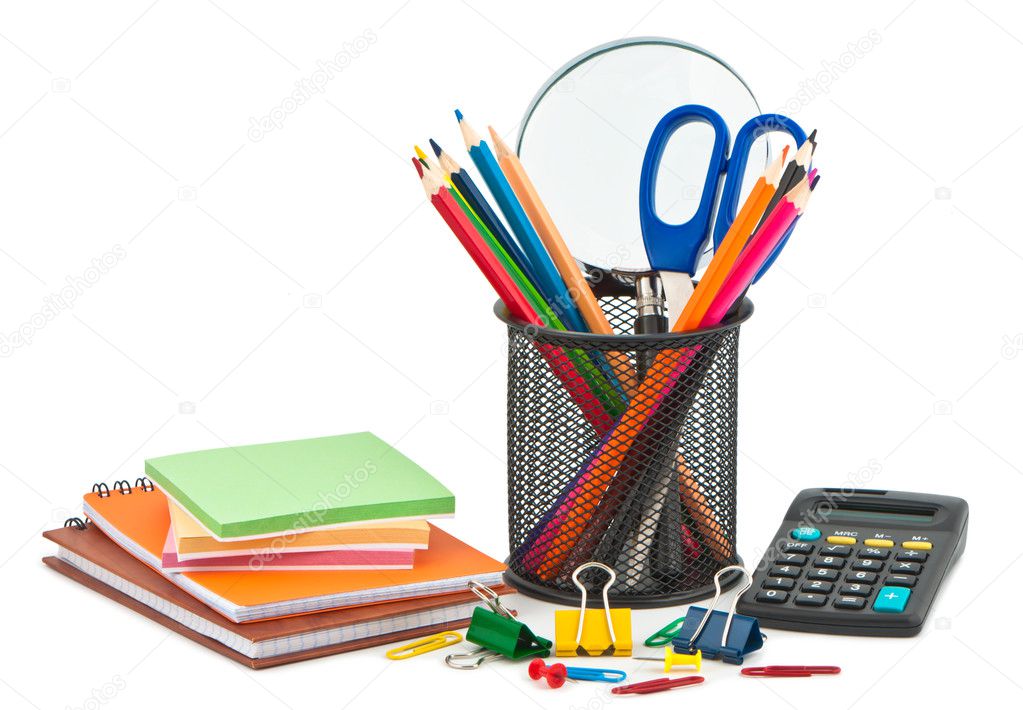 Stationery on white background for office or school.