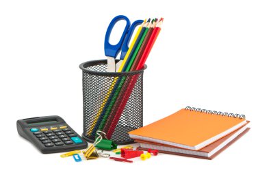 Different set of stationery items on white background. clipart