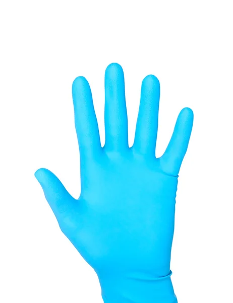 Hand i blå Gummihandske isolerad på vit bakgrund. — Stockfoto