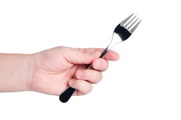 Hand houdt vork geïsoleerd op witte achtergrond. — Stockfoto