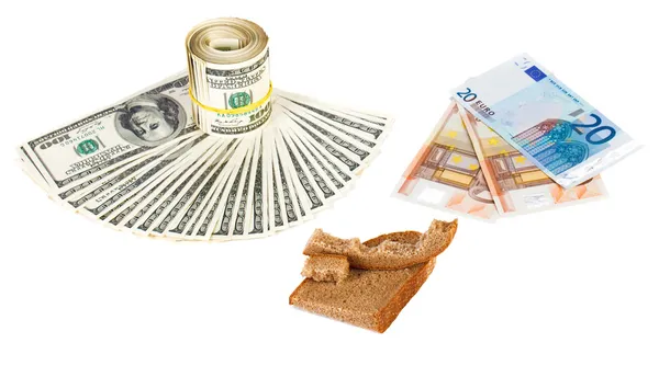 Economy crisis euro currency concept photo with bread crust on w — Stock Photo, Image