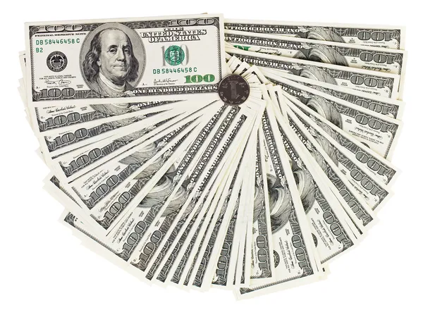 Банкноты в 100 долларов США развевались на белом и одном китайском — стоковое фото