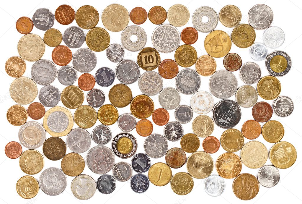 Many different old coins collection on white background