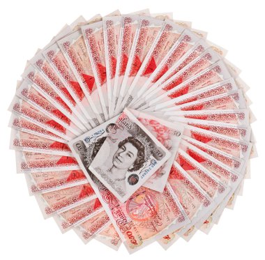Many 50 pound sterling bank notes fanned out, isolated on white clipart