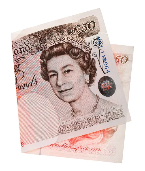50 pound sterling banka dikkat, üzerinde beyaz izole — Stok fotoğraf