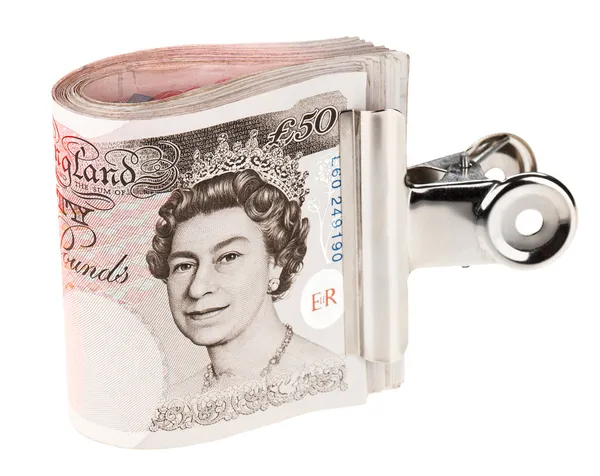 Köteg-ból 50 font sterling bankjegyek rögzítse a gemkapcsot, tudom — Stock Fotó