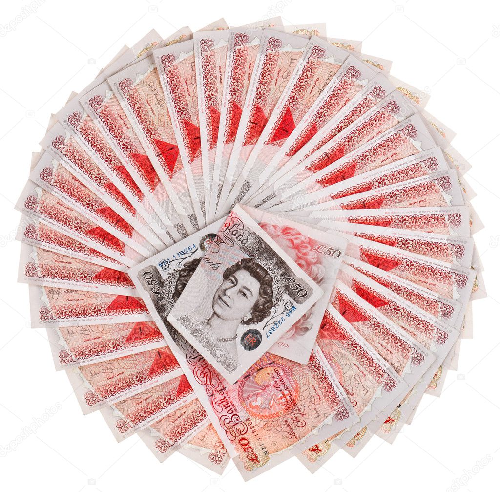 Many 50 pound sterling bank notes fanned out, isolated on white
