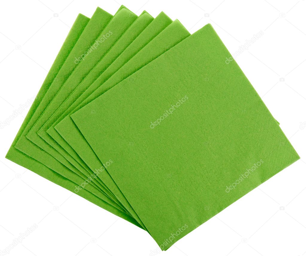 Green square paper serviette (tissue), isolated on white