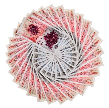 Many 50 pound sterling bank notes with diamonds fanned out, isol clipart