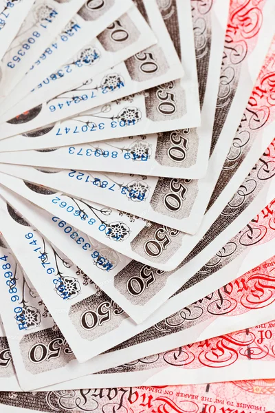 50 pound sterling bank notes closeup view business background — Stock Photo, Image